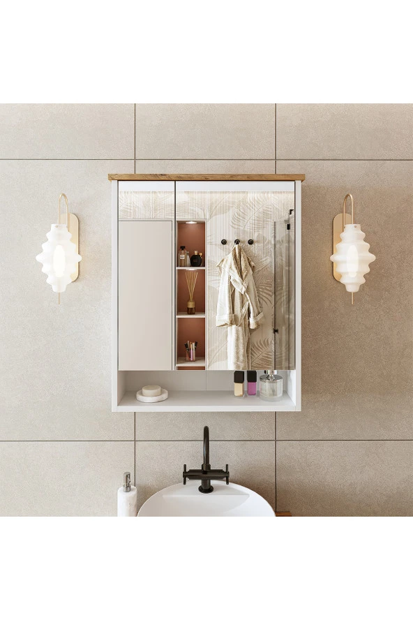 ROOMART Banos Banyo Kulpsuz 2 Kapaklı Mat Beyaz Mdf 62 Cm Aynalı Banyo Üst Dolabı ürün görseli 1