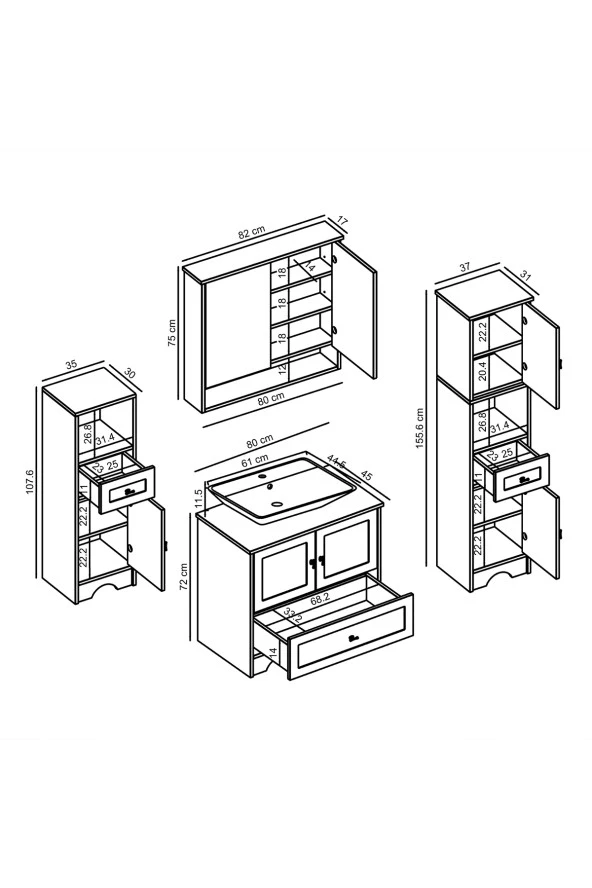ROOMART Lavabolu Mat Beyaz Mdf 80 Cm Çekmeceli Banyo Dolabı + Aynalı Üst Dolabı + 2 adet Boy Dolabı ürün görseli 1