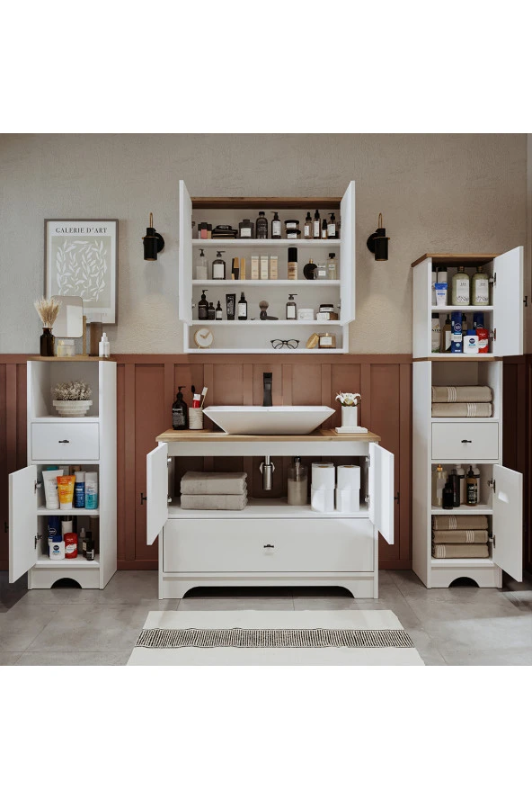 ROOMART Lavabolu Mat Beyaz Mdf 100 Cm Çekmeceli Banyo Dolabı + Aynalı Üst Dolabı + 2 adet Boy Dolabı ürün görseli 1