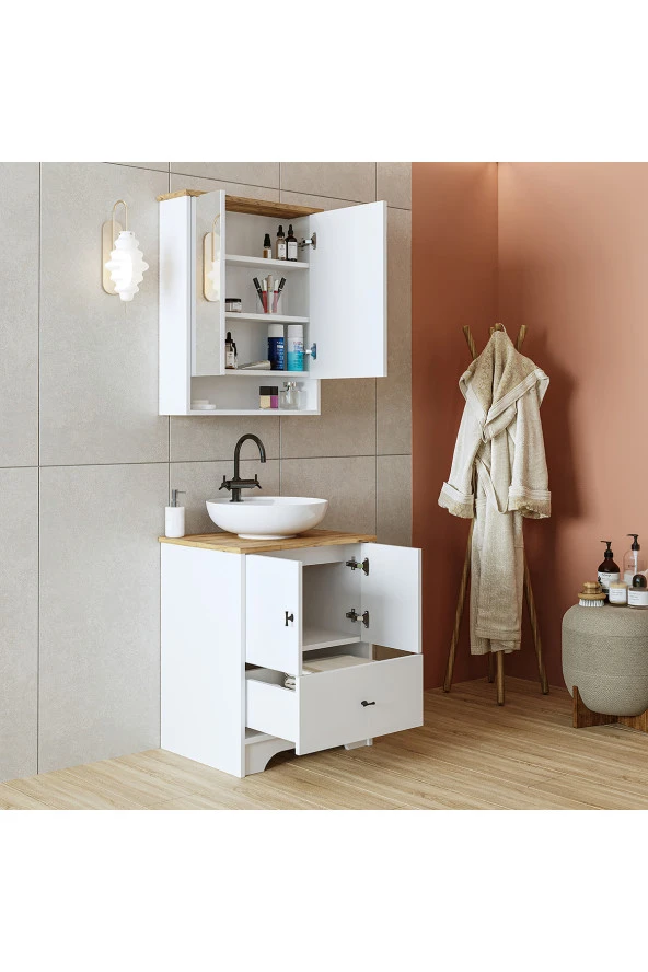 ROOMART Ayaklı 2 Kapaklı Lavabolu Mat Beyaz Mdf 60 Cm Çekmeceli Banyo Dolabı Aynalı Üst Dolabı ürün görseli 1