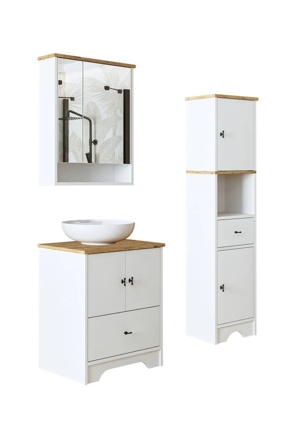 ROOMART Lavabolu Mat Beyaz Mdf 60 Cm Çekmeceli Banyo Dolabı + Aynalı Banyo Üst Dolabı + Boy Dolabı ürün görseli 1