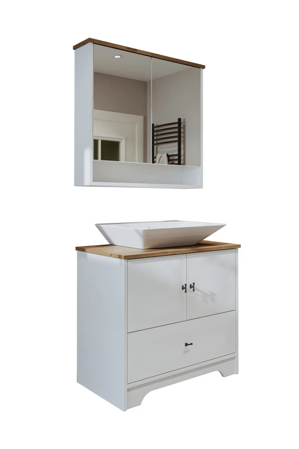ROOMART Lavabolu Mat Beyaz Mdf 80 Cm Çekmeceli Banyo Dolabı + Aynalı Üst Dolabı ürün görseli 1