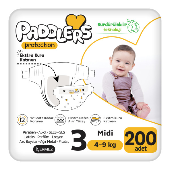 Paddlers Protection Bebek Bezi 3 Numara Midi 200 Adet (4-9 Kg) Ekstra Jumbo Set ürün görseli 1