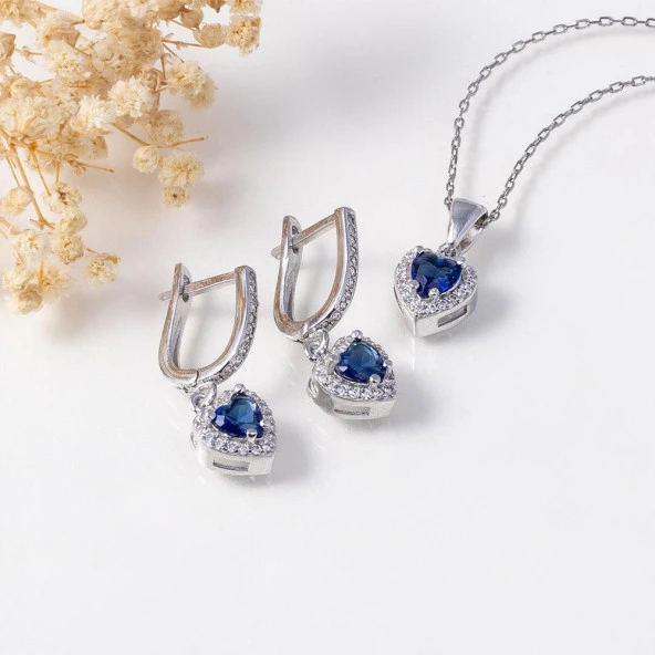 Gümüş Pazarım Safir Taşlı Kalpli Tek Taş Gümüş Set ürün görseli 1