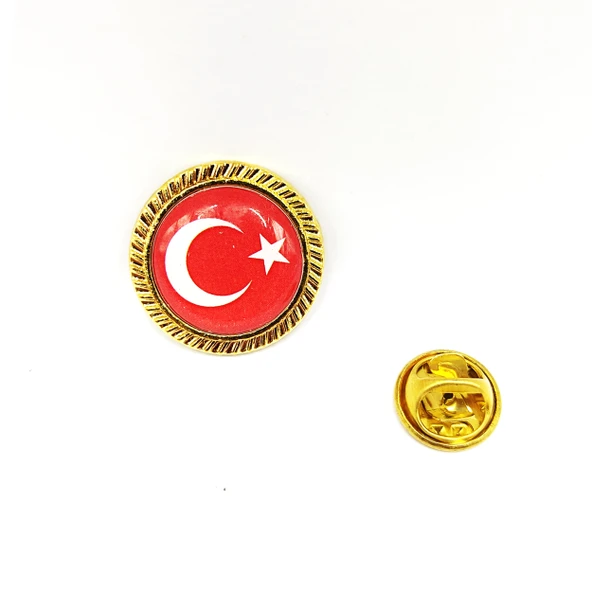 Yuvarlak Gold Renkli Türk Bayraklı Yaka Rozeti  - 1 Adet ürün görseli 1