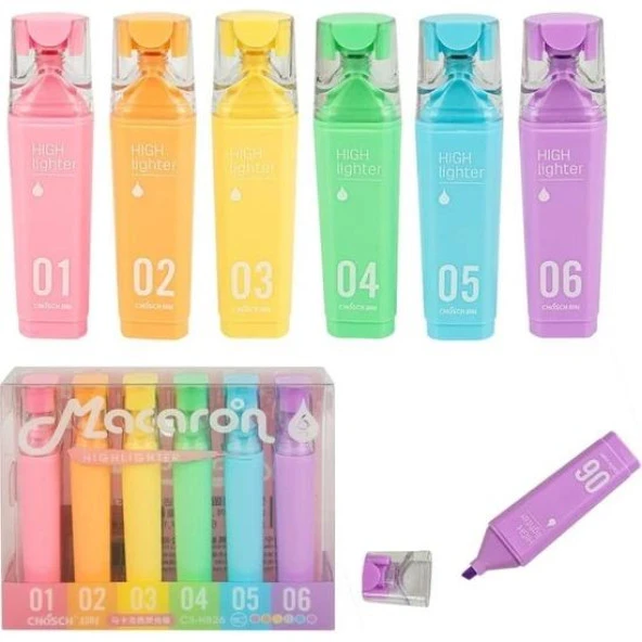 Macaron CS-H826 Pastel Renkli 6 Çeşitli Fosforlu Kalem Seti -  İşaretleyici Kalem Seti ürün görseli 1