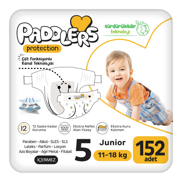 Paddlers Protection Bebek Bezi 5 Numara Junior 152 Adet (11-18 Kg) Ekstra Jumbo Set ürün görseli 1