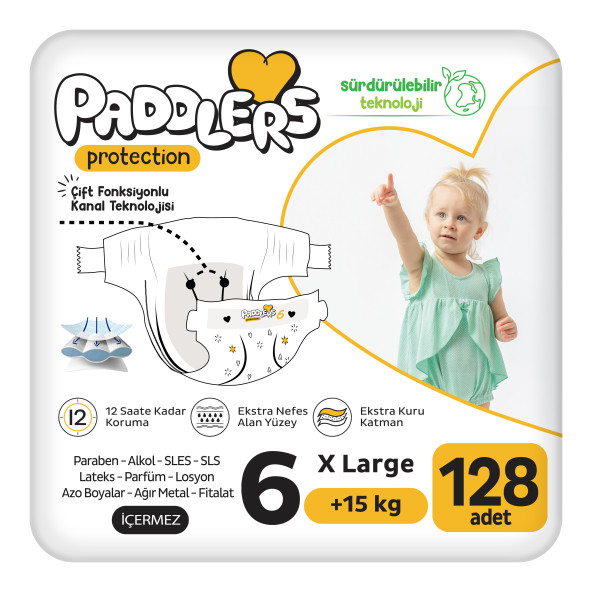 Paddlers Protection Bebek Bezi 6 Numara X-Large 128 Adet (15+Kg) Ekstra Jumbo Set ürün görseli 1