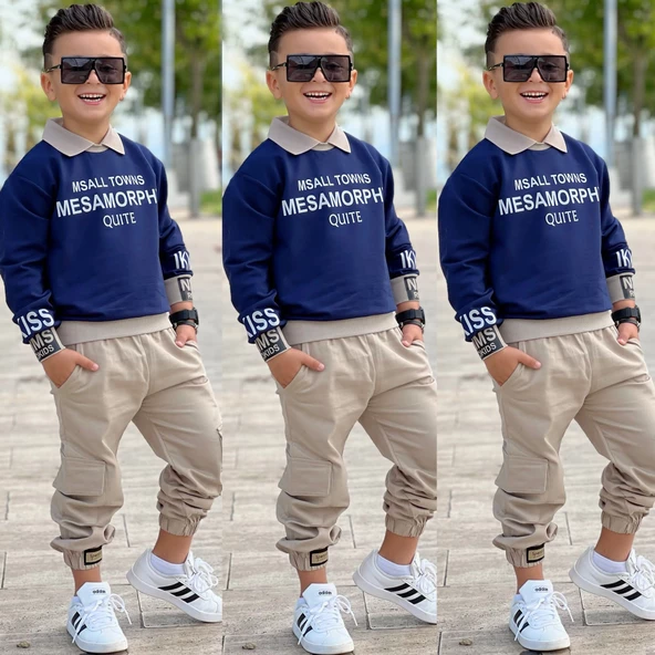 MODAVALS GÖMLEK YAKA SWEATSHIRT VE GABARDİN KARGO PANTOLON ERKEK ÇOCUK KOMBİN ürün görseli 1