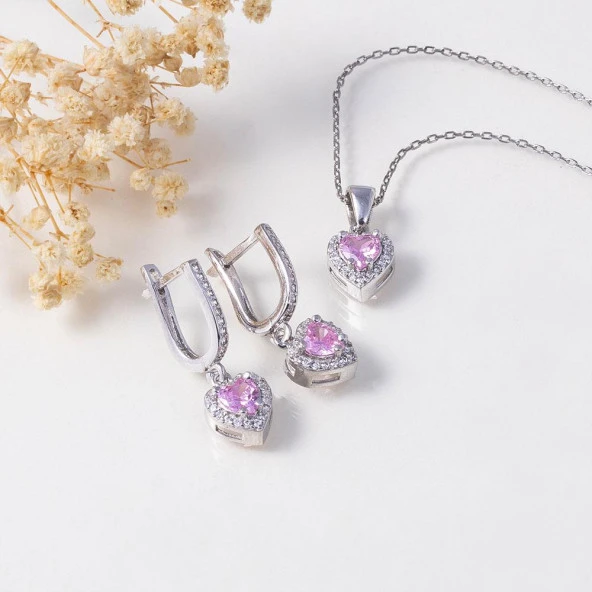 Gümüş Pazarım Pembe Taşlı Kalp Gümüş Set ürün görseli 1