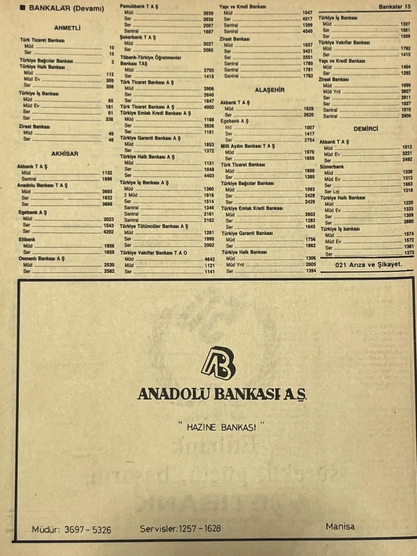 Manisa 1987 Meslek Reklam İlanı Efemera S-15 ürün görseli 1