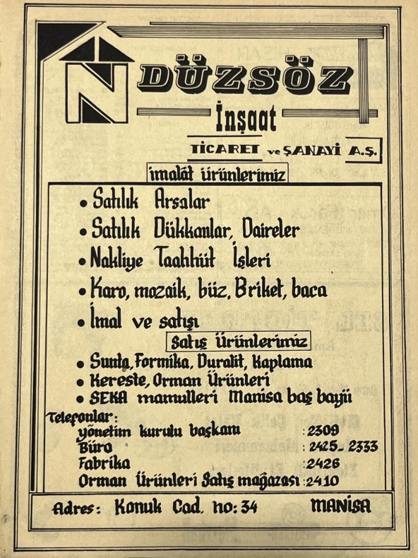 Manisa 1987 Meslek Reklam İlanı Efemera S-47 ürün görseli 1