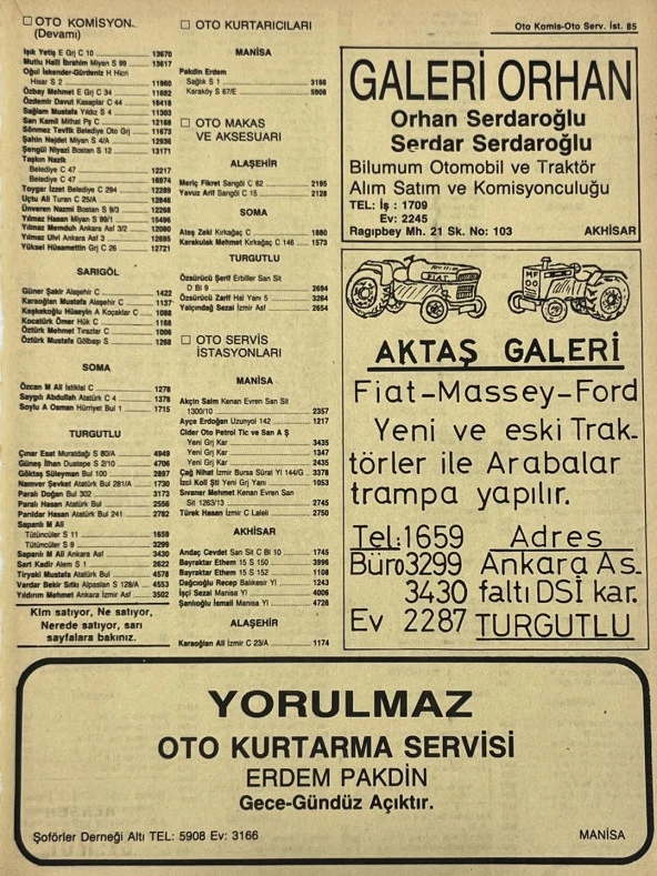 Manisa 1987 Meslek Reklam İlanı Efemera S-85 ürün görseli 1