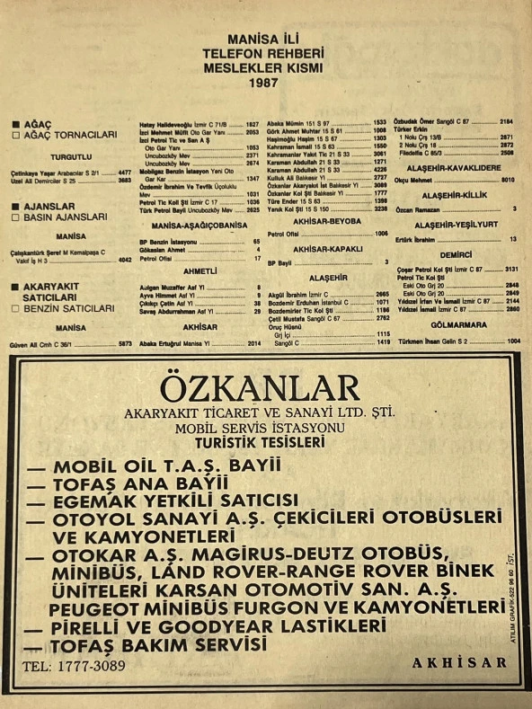 Manisa 1987 Meslek Reklam İlanı Efemera S-1 ürün görseli 1