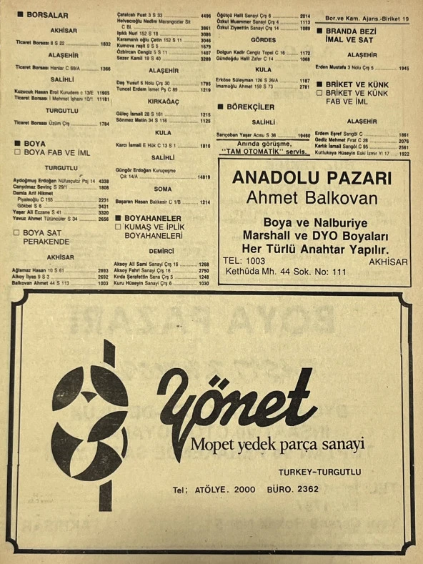 Manisa 1987 Meslek Reklam İlanı Efemera S-19 ürün görseli 1