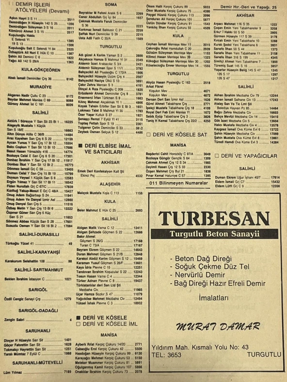 Manisa 1987 Meslek Reklam İlanı Efemera S-25 ürün görseli 1