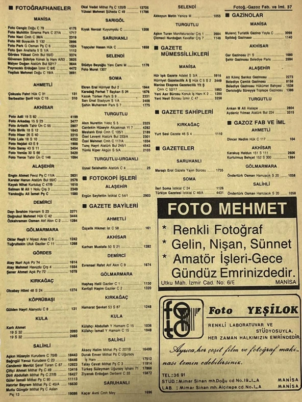 Manisa 1987 Meslek Reklam İlanı Efemera S-37 ürün görseli 1