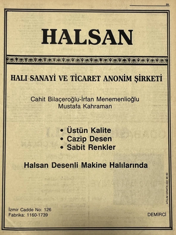 Manisa 1987 Meslek Reklam İlanı Efemera S-39 ürün görseli 1