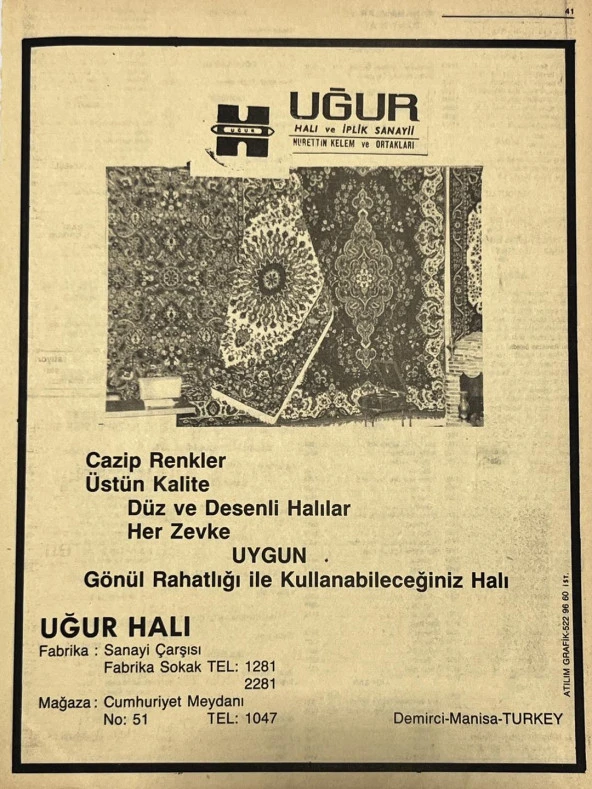 Manisa 1987 Meslek Reklam İlanı Efemera S-41 ürün görseli 1