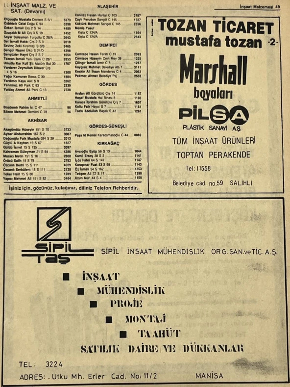 Manisa 1987 Meslek Reklam İlanı Efemera S-49 ürün görseli 1