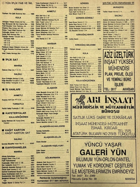 Manisa 1987 Meslek Reklam İlanı Efemera S-53 ürün görseli 1