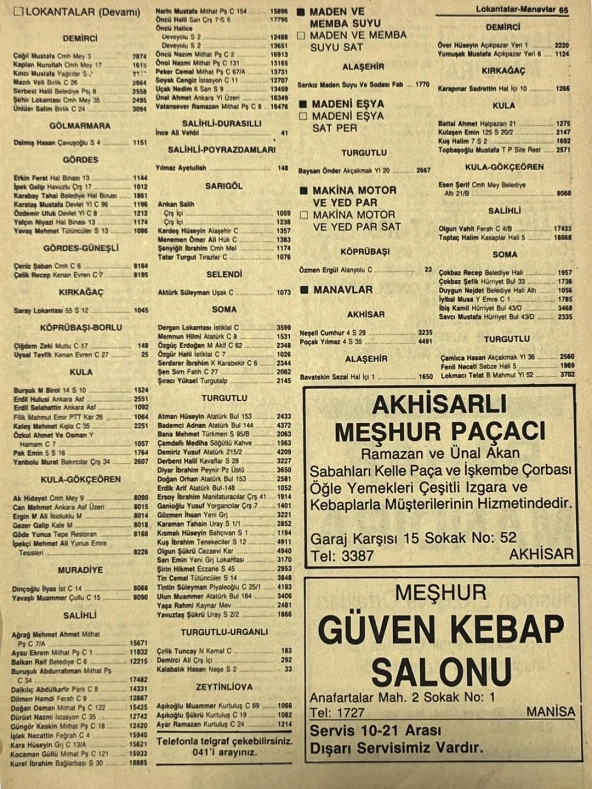 Manisa 1987 Meslek Reklam İlanı Efemera S-65 ürün görseli 1