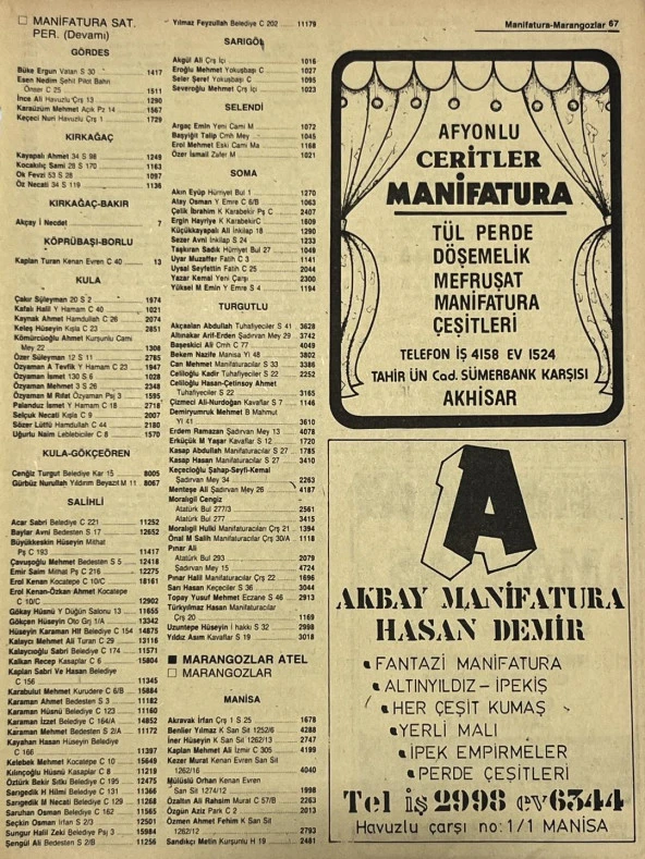 Manisa 1987 Meslek Reklam İlanı Efemera S-67 ürün görseli 1