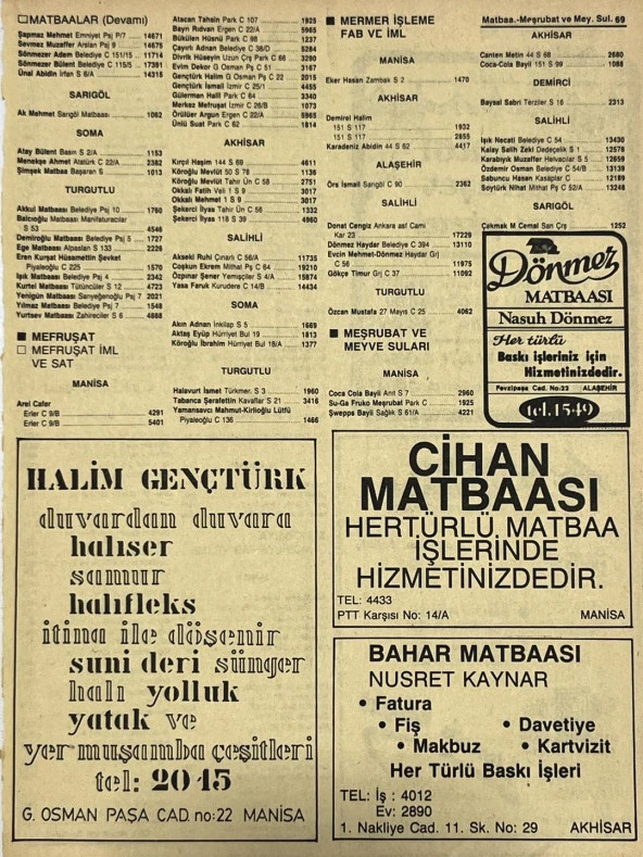 Manisa 1987 Meslek Reklam İlanı Efemera S-69 ürün görseli 1