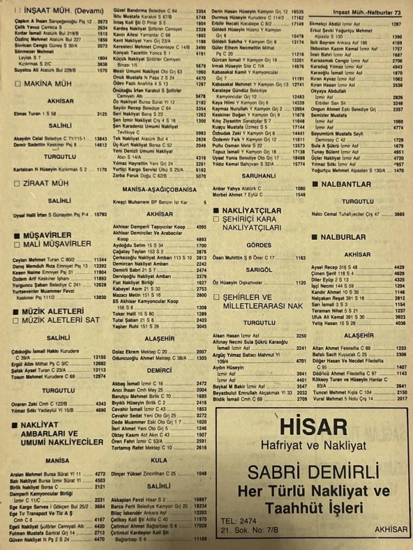 Manisa 1987 Meslek Reklam İlanı Efemera S-73 ürün görseli 1