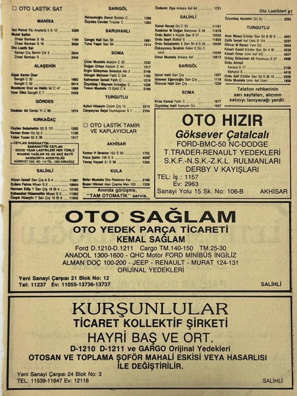 Manisa 1987 Meslek Reklam İlanı Efemera S-87 ürün görseli 1