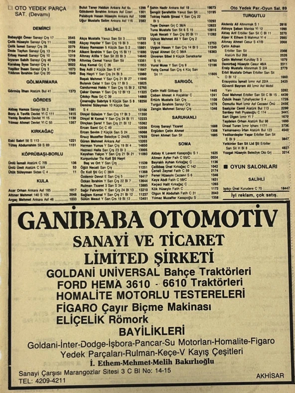 Manisa 1987 Meslek Reklam İlanı Efemera S-89 ürün görseli 1
