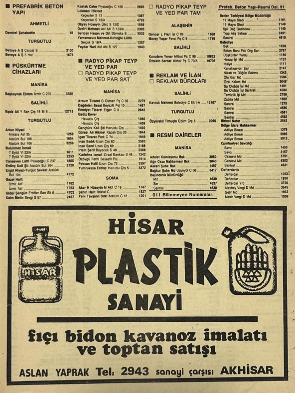 Manisa 1987 Meslek Reklam İlanı Efemera S-91 ürün görseli 1