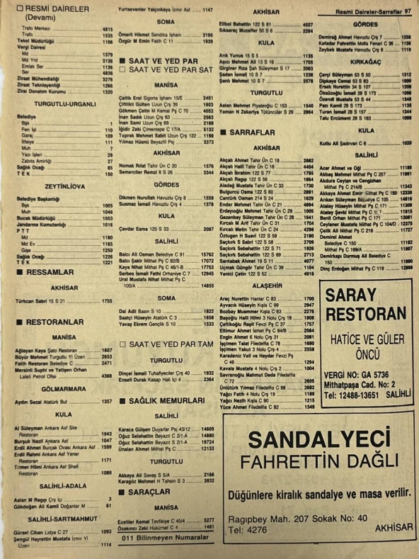 Manisa 1987 Meslek Reklam İlanı Efemera S-97 ürün görseli 1