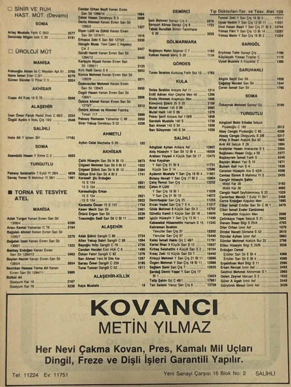 Manisa 1987 Meslek Reklam İlanı Efemera S-109 ürün görseli 1
