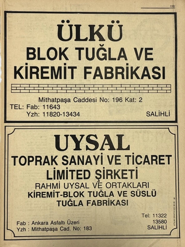 Manisa 1987 Meslek Reklam İlanı Efemera S-113 ürün görseli 1