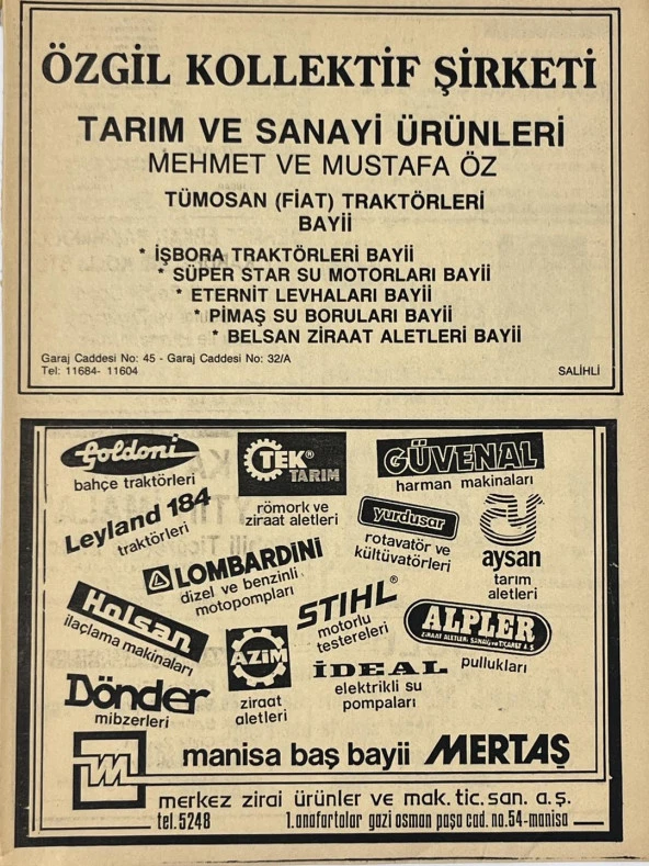 Manisa 1987 Meslek Reklam İlanı Efemera S-123 ürün görseli 1