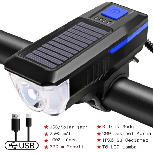 TechTic Güneş Enerejili Bisiklet Feneri Korna Su Geçirmez Solar Scooter Işık Şarj Edilebilir Ön Far (Mavi) ürün görseli 1