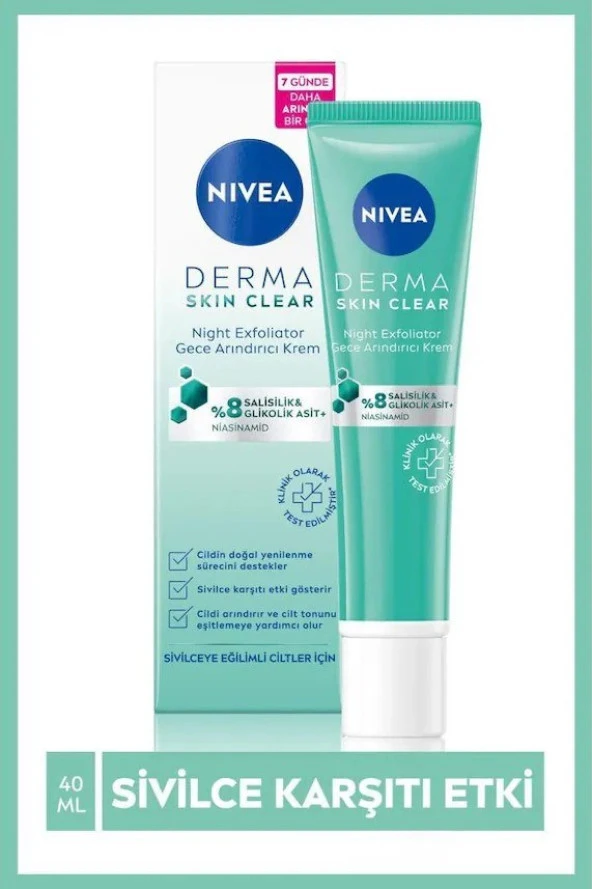 Nivea Derma Skin Clear Night Exfoliator Gece Arındırıcı Krem 40ml, %8 Glikolik Asit (AHA) ve Salisil ürün görseli 1