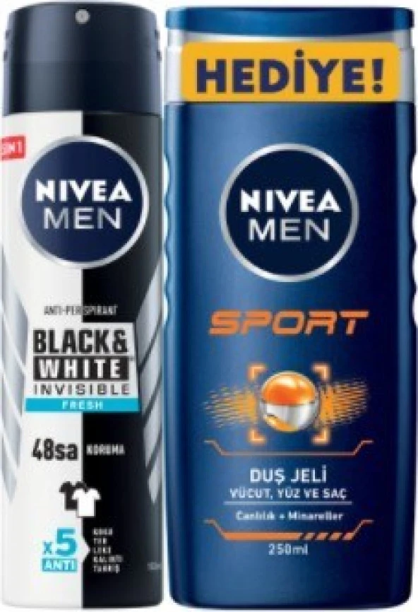 Nivea Men Black & White Invisible Fresh Erkek Deodorant Sprey 150 ml + Sport Duş Jeli 250 ml ürün görseli 1