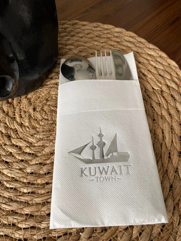 Gümüş Yaldızlı Beyaz Kuwait Town Cepli Peçete 12 Adet ürün görseli 1
