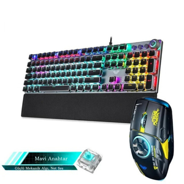 TechTic Mekanik Klavye Mouse Seti Kablolu Klavye 2.4G Mouse RGB Bilek Desteği Daktilo Klavye Retro ürün görseli 1