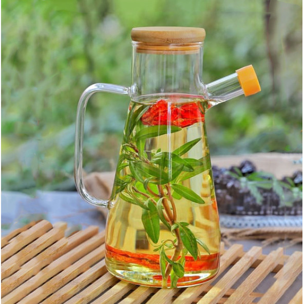 Yağdanlık Cam Şişe 900 Ml Bambu Vakumlu Kapak Ahşap Stantlı Tekli ürün görseli 1