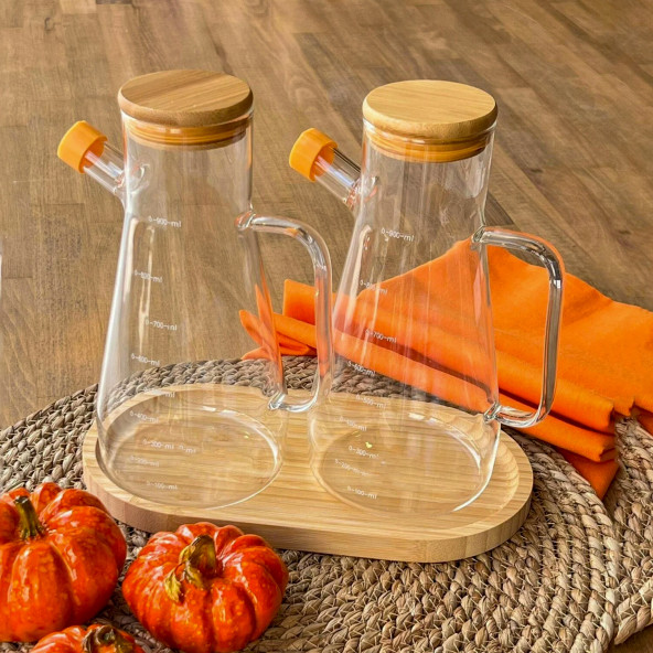 Yağdanlık Cam Şişe 900 Ml Bambu Vakumlu Kapak Ahşap Stantlı İkili ürün görseli 1