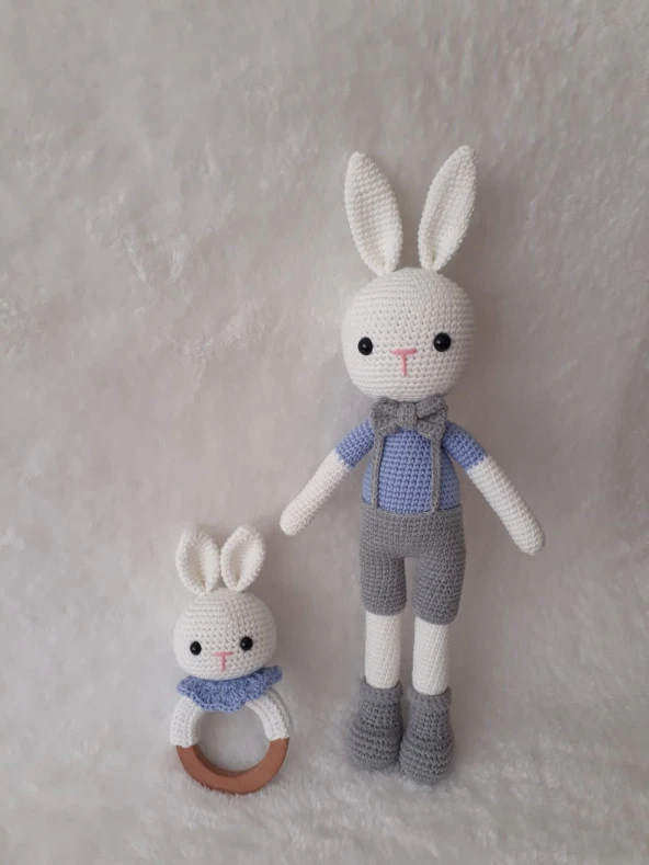 Papyonlu Şık Tavşan ve Çıngırak Amigurumi Organik Oyuncak ürün görseli 1