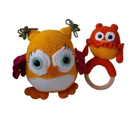 Baykuş Uyku Arkadaşı ve Çıngırak Amigurumi Organik Oyuncak ürün görseli 1