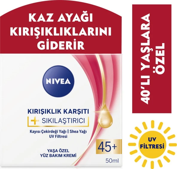NIVEA + Krem Yaş 45+ (50ml),Yaşa Özel Yüz Bakım Kremi,Kayısı Çekirdeği ve Shea Yağı ile Yoğun Cilt B ürün görseli 1