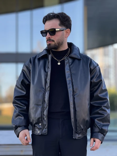 ERKEK OVERSIZE YAKALI DERİ MONT - Resim 3