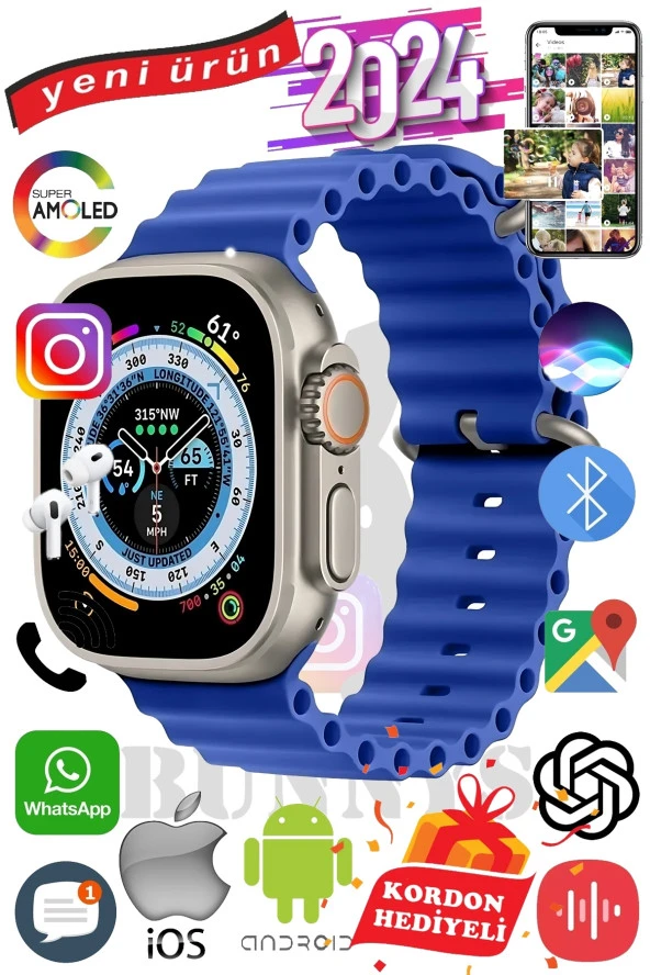 Apple iPhone X Uyumlu Akıllı Saat ULTRA MAX 2024 Kordon Hediyeli Amoled Ekran ürün görseli 1