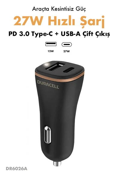 Duracell 18W Araç Şarj Aleti Çakmaklık Type-C PD + USB-A / Çift Çıkışlı Hızlı Şarj Cihazı ürün görseli 1
