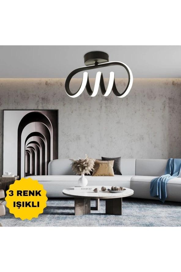 Livora Lighting Burgu Siyah Tavana Sıfır 3 Renk Işıklı Led Avize ürün görseli 1